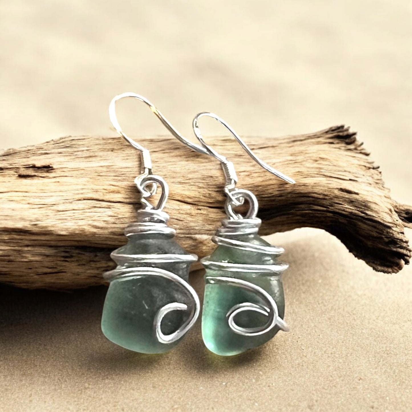 Turquoise Green Seaham Sea Glass Earrings