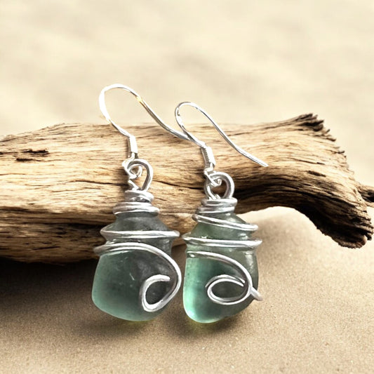Turquoise Green Seaham Sea Glass Earrings