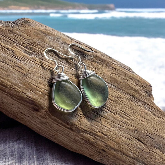 Pale Green Dangly Seaham Sea Glass Earrings