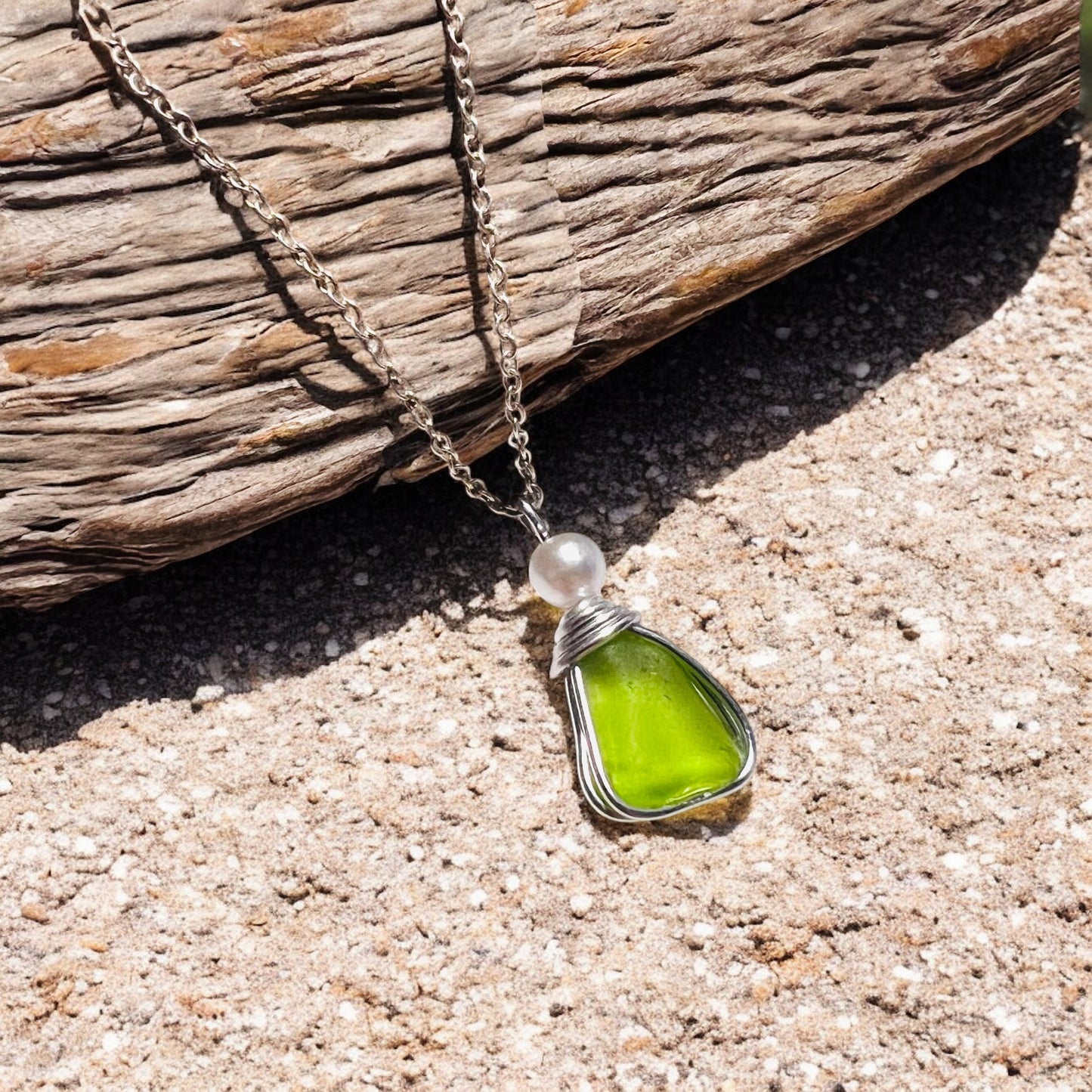 Rare Neon Bright Lime Green Seaham Sea Glass Pendant