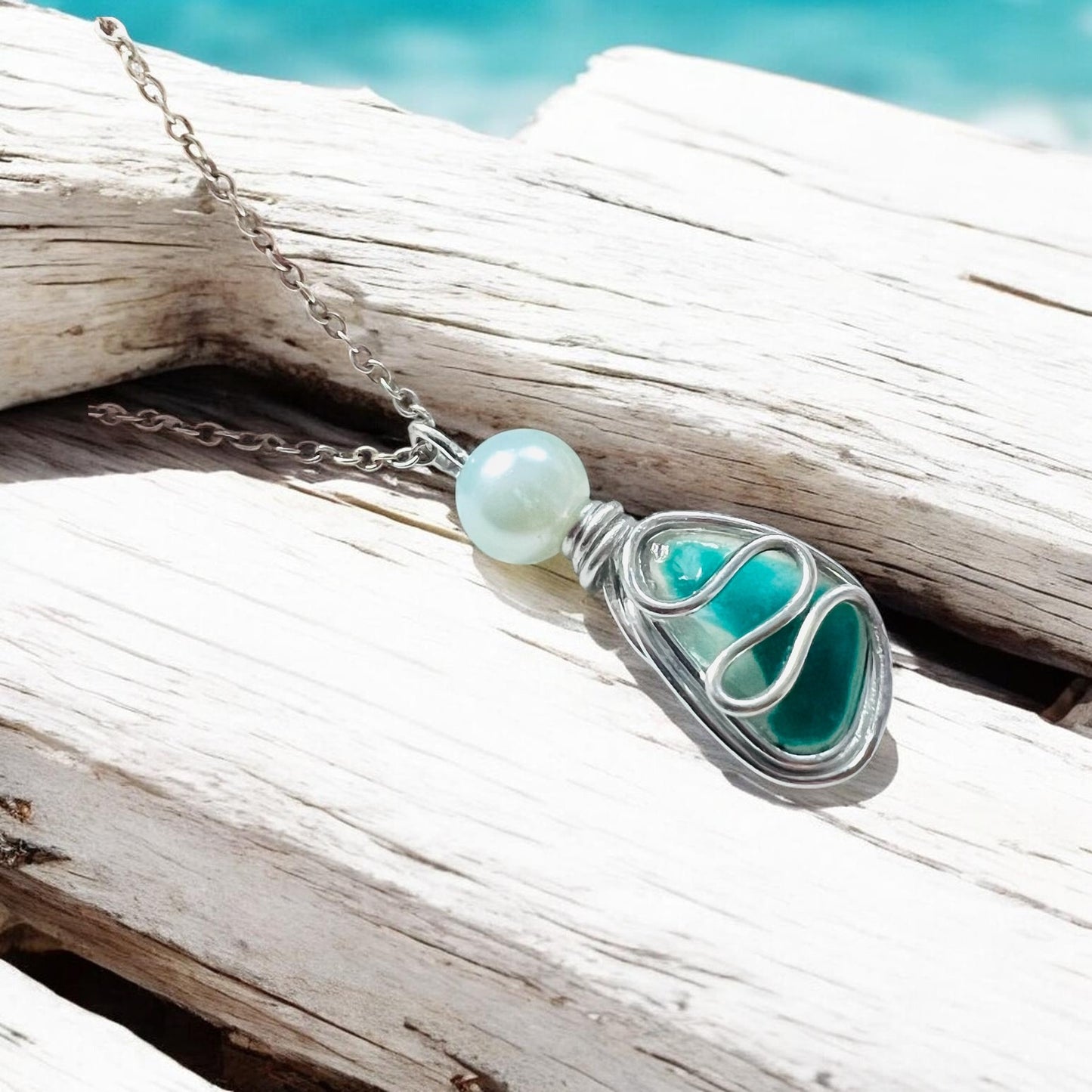 Turquoise Seaham Sea Glass Multi Waves Pendant