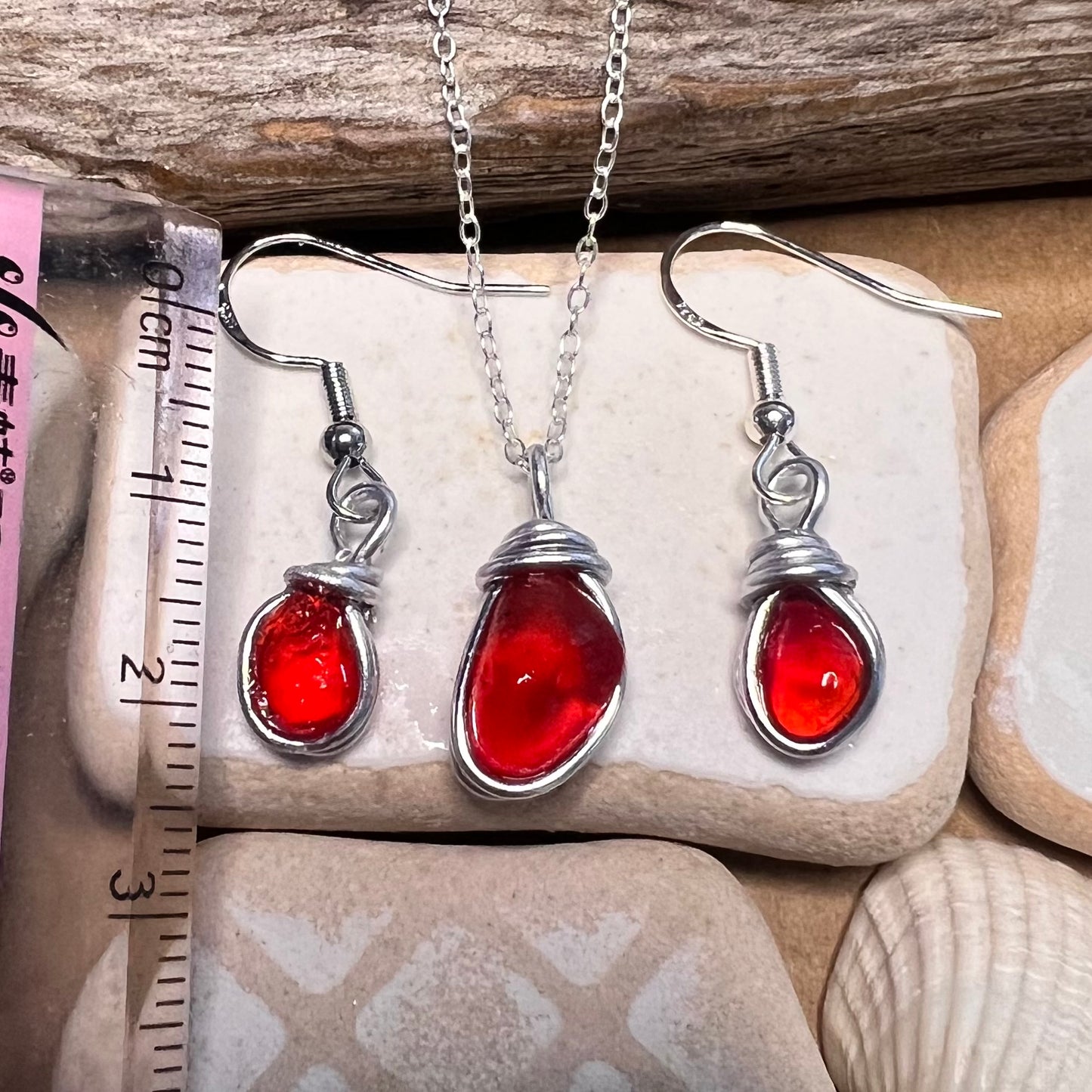 Rare Deep Orange/Red Seaham Sea Glass Jewellery Set