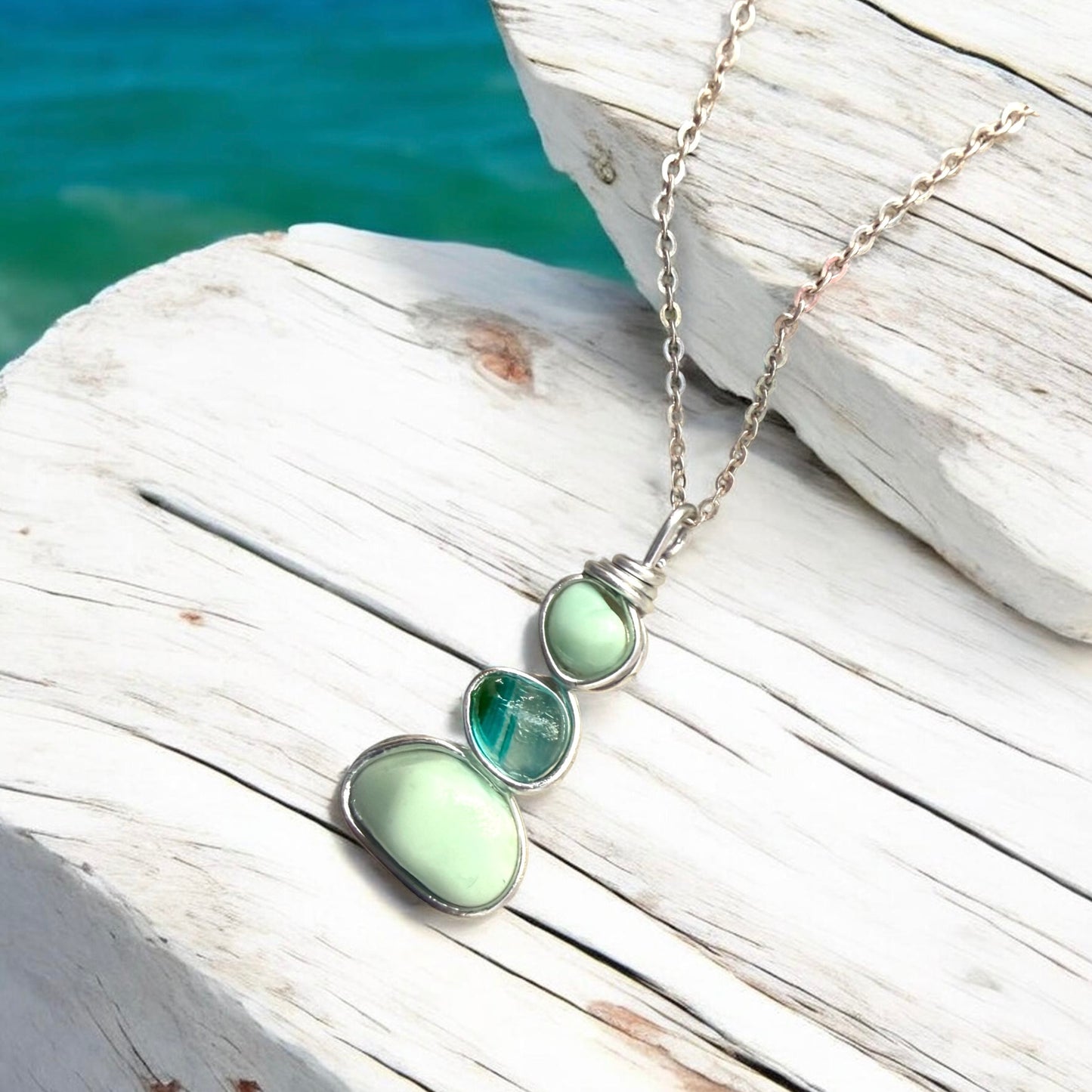 Three Piece Mint Green Seaham Sea Glass Pendant