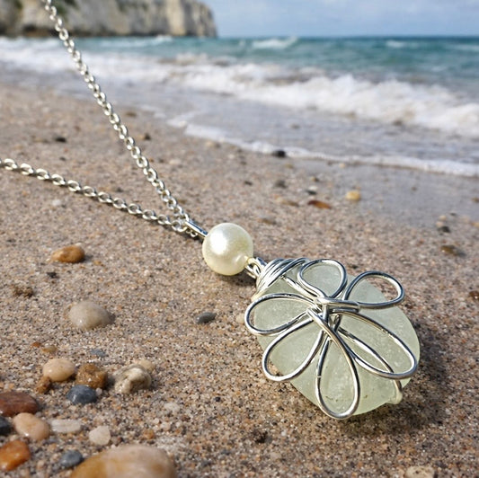 Frosty White Sea Glass Flower Pendant