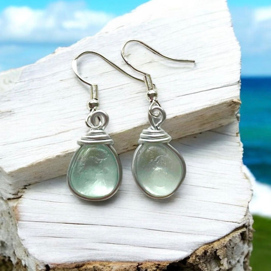 Aqua Sea Foam Seaham Sea Glass Earrings On Sterling Silver Hooks