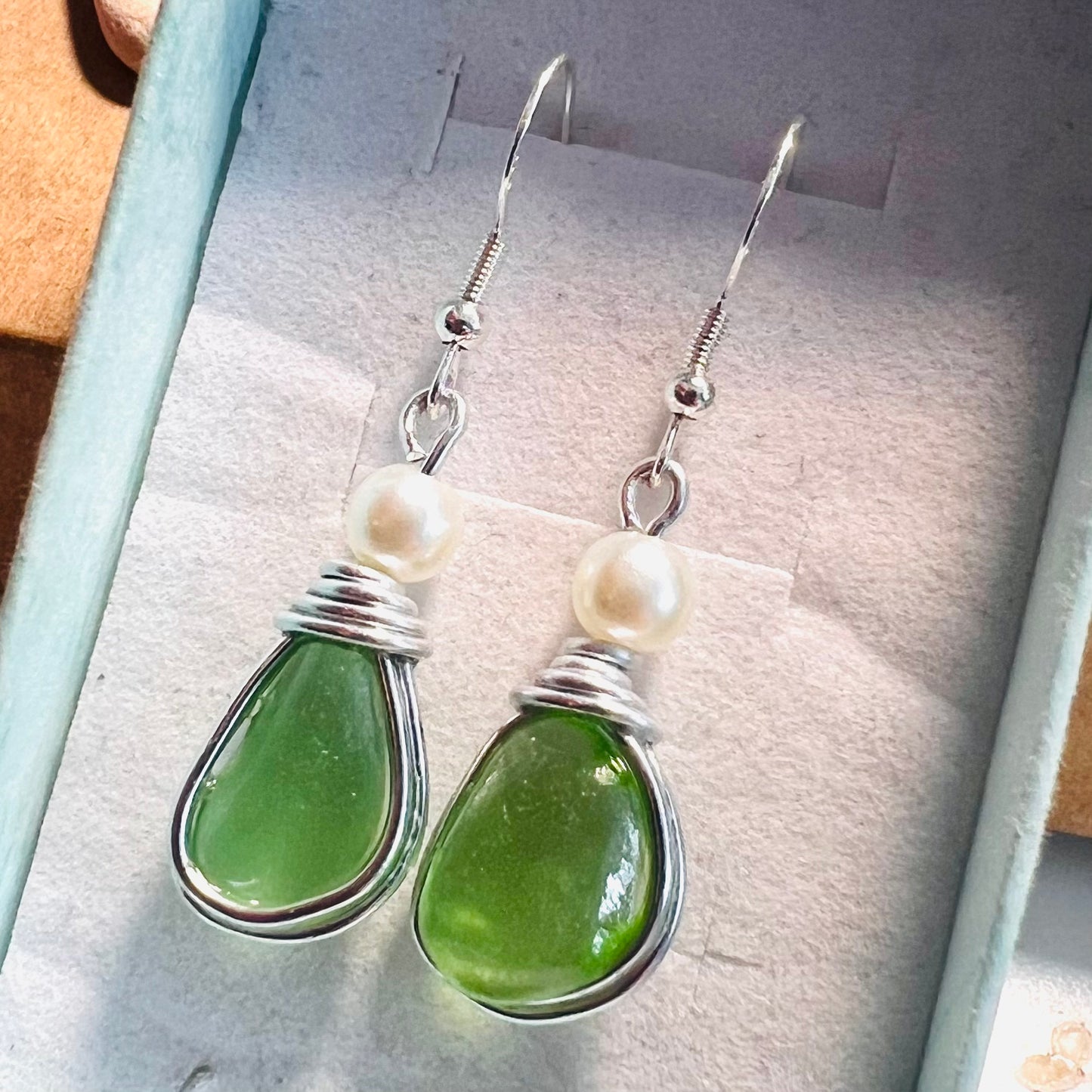 Bright Green Seaham Sea Glass Earrings
