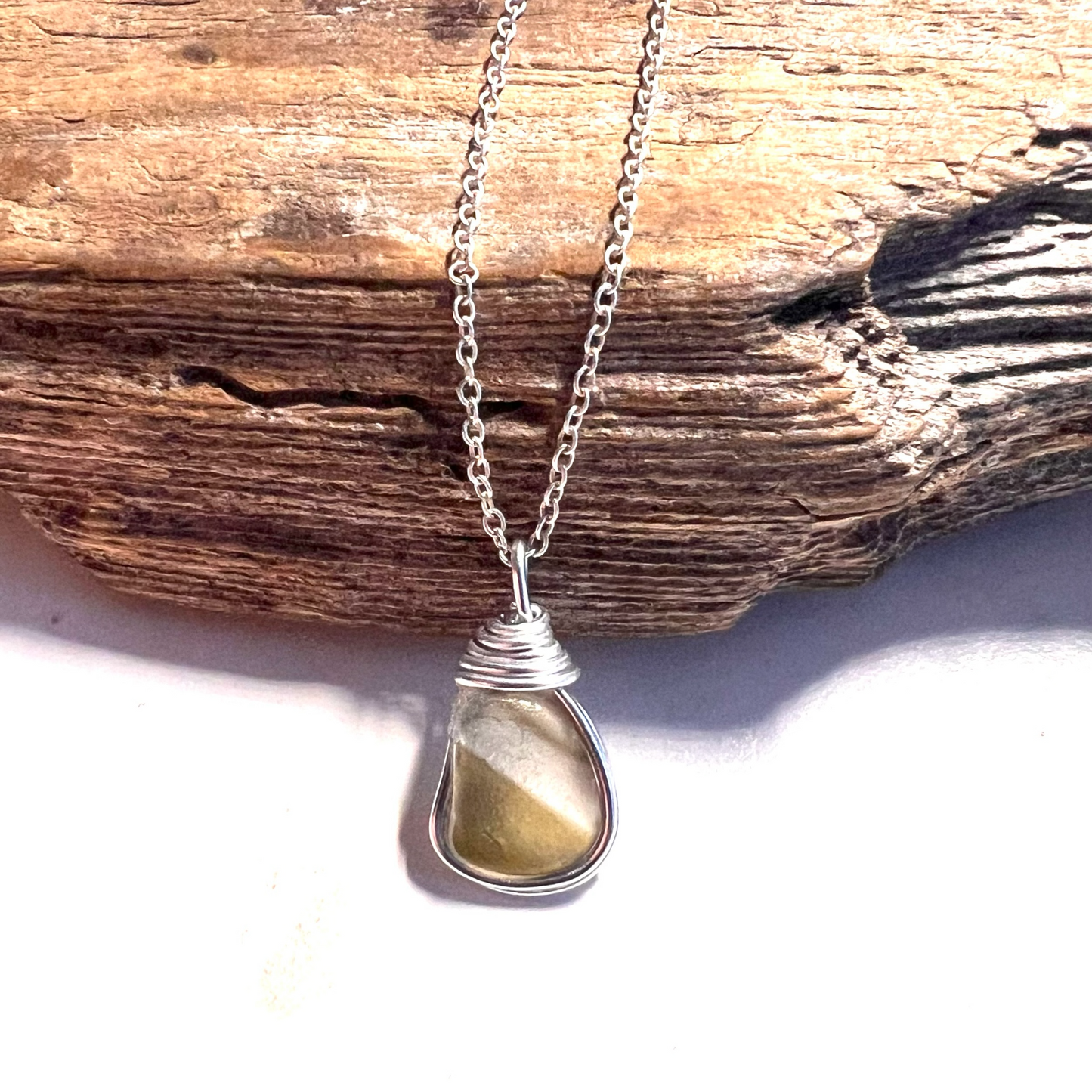 Rare Olive Stripes Green Seaham Sea Glass Chunky Pendant