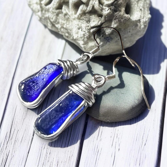 Cobalt Blue Seaham Sea Glass Earrings