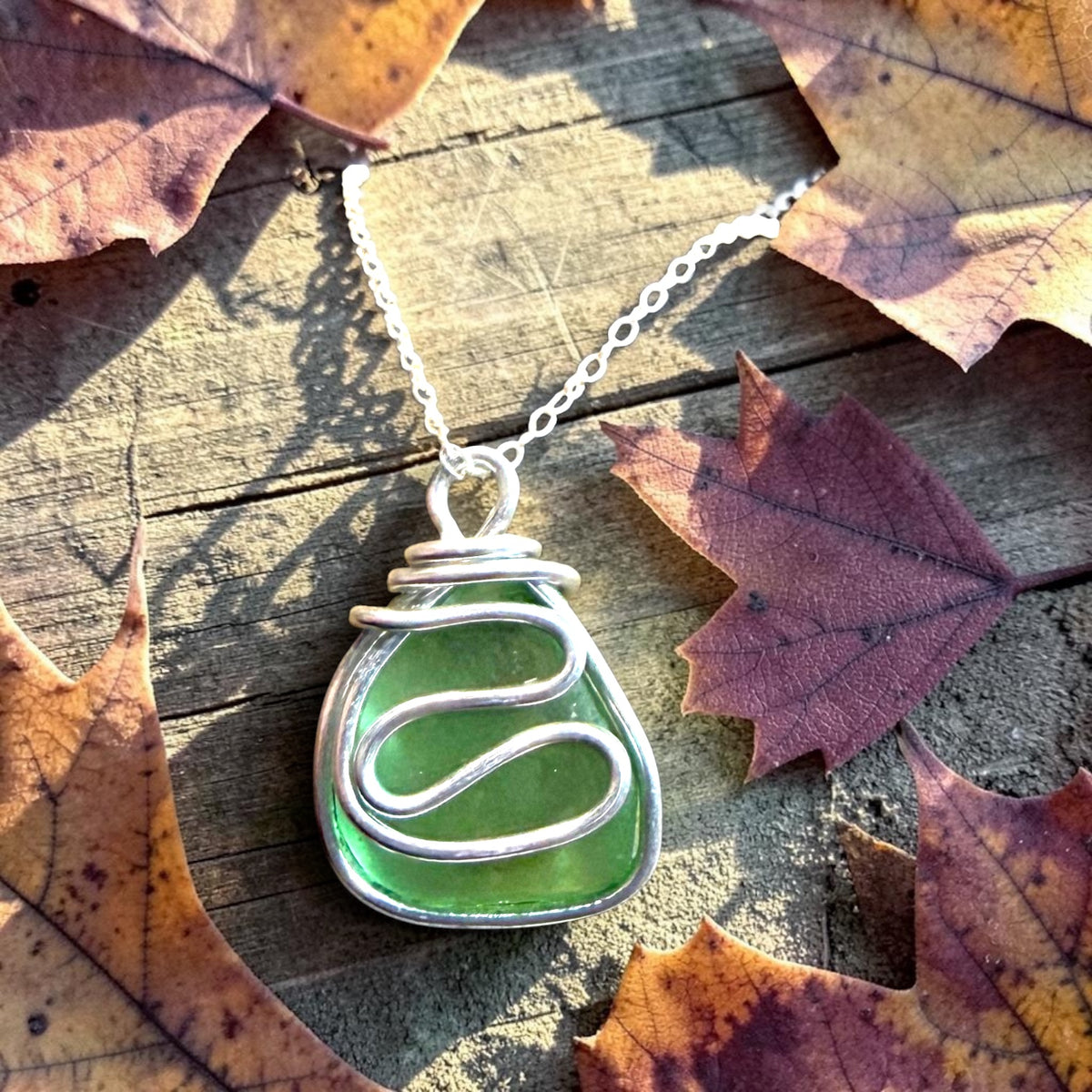 Pale Green Seaham Sea Glass Waves Pendant