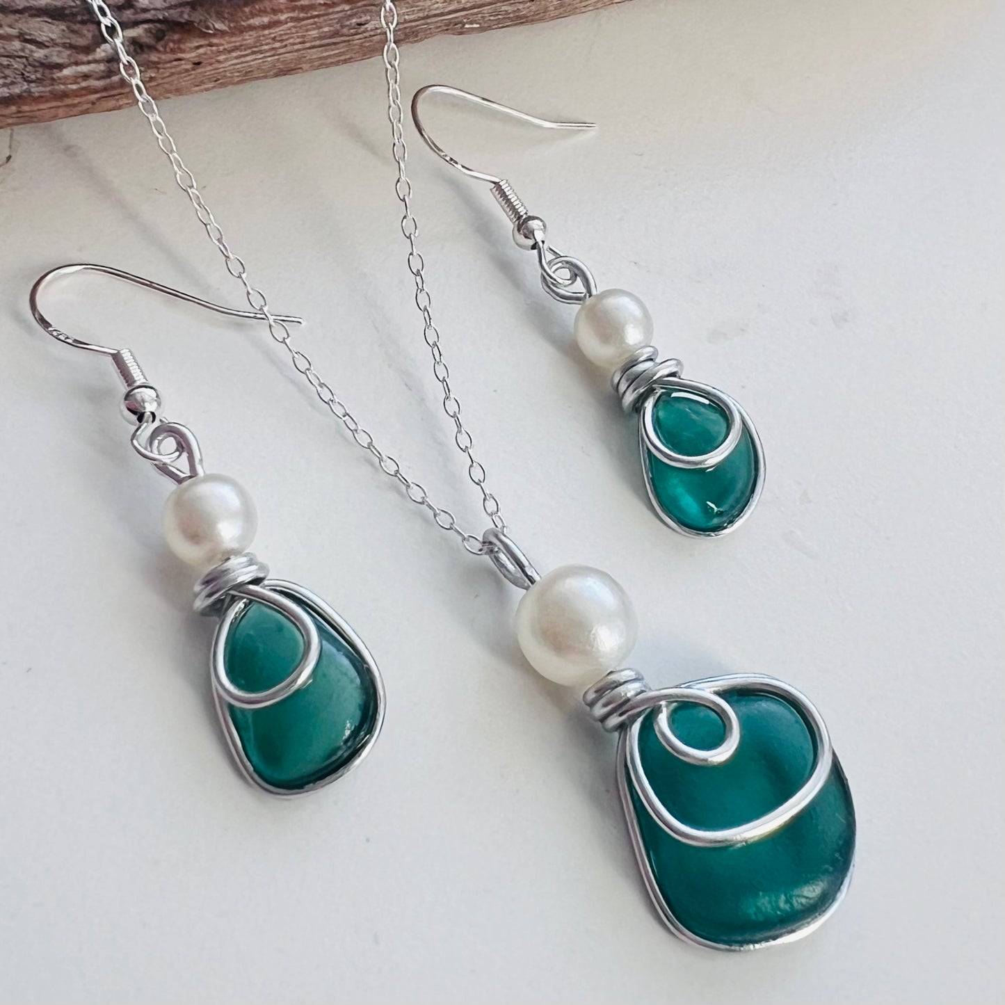 Turquoise Green Seaham Sea Glass Jewellery Set