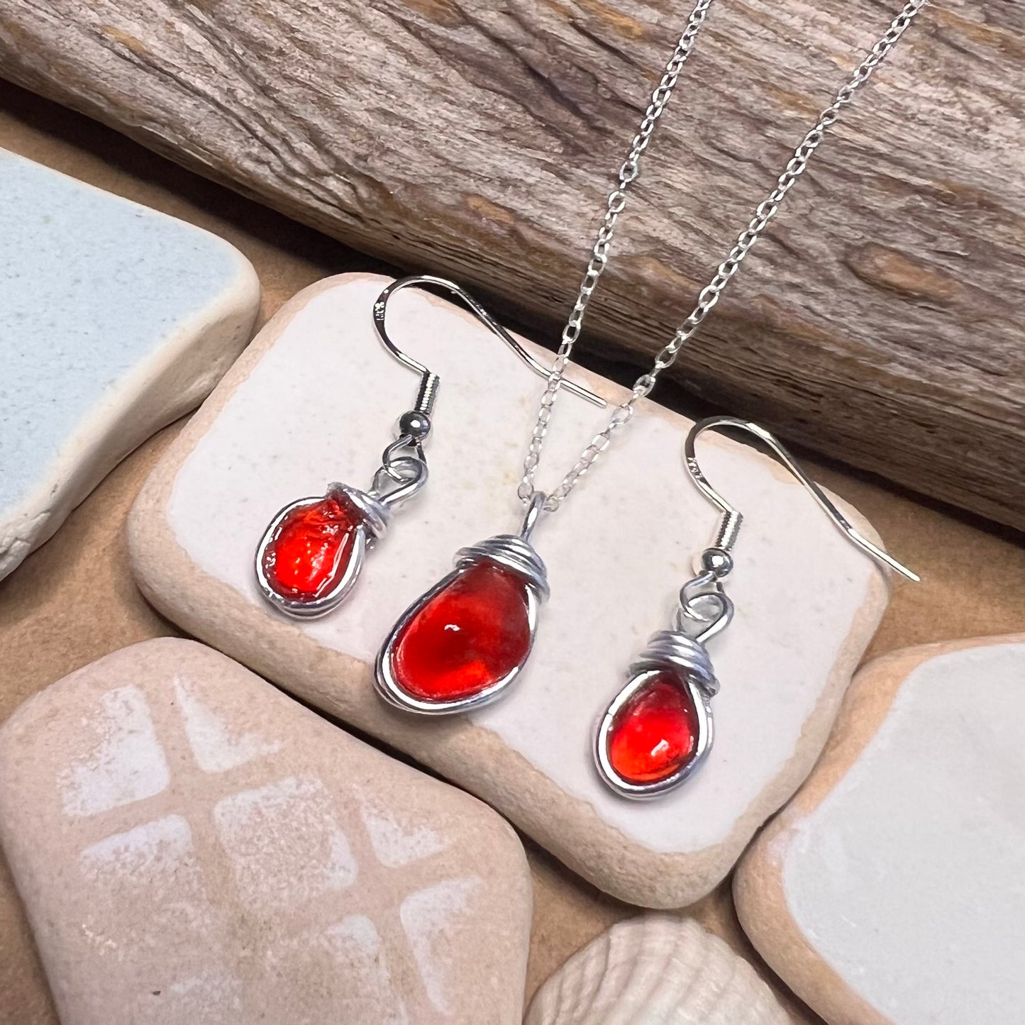 Rare Deep Orange/Red Seaham Sea Glass Jewellery Set