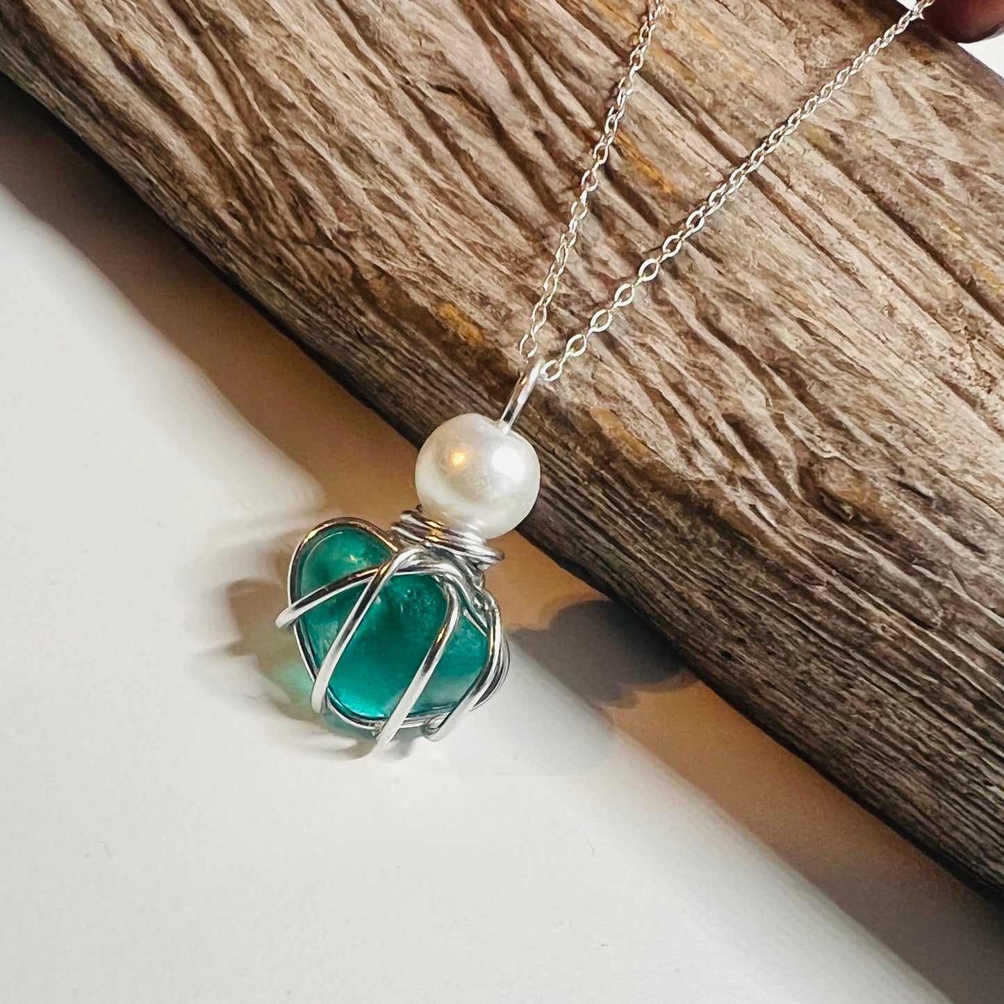 Turquoise Seaham Sea Glass and Glass Pearl Pendant