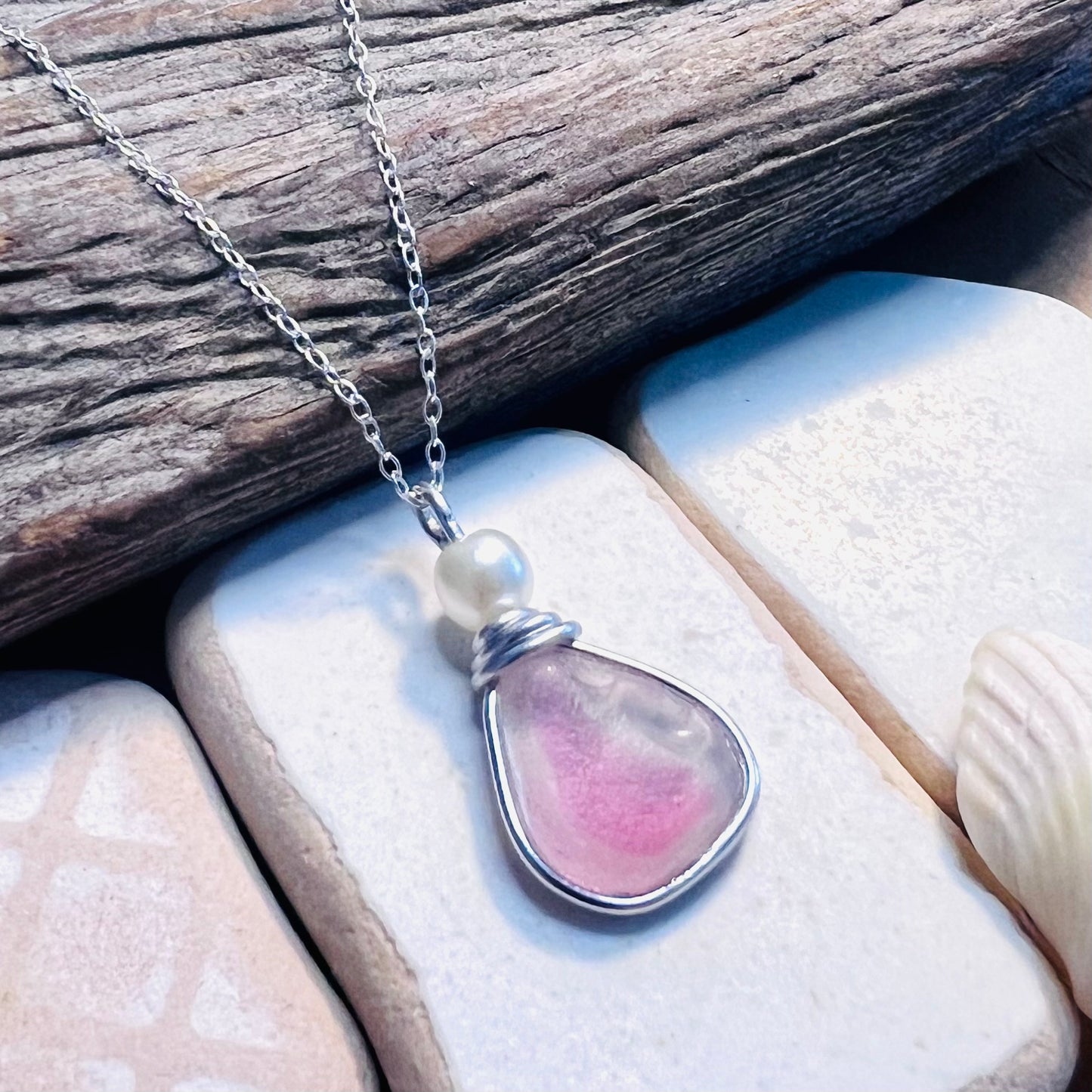 Pink & White Seaham Sea Glass Multi Pendant