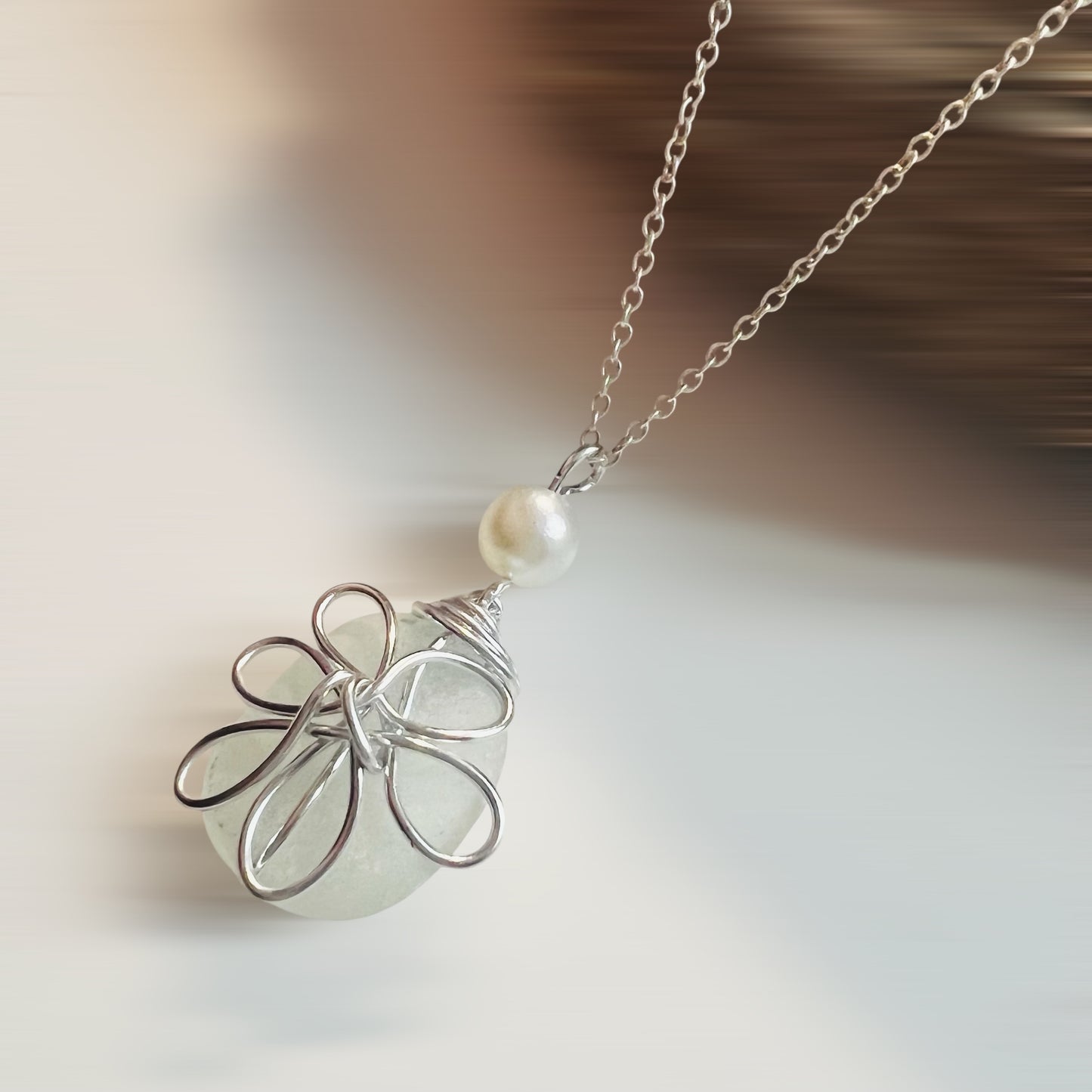 Frosty White Sea Glass Flower Pendant