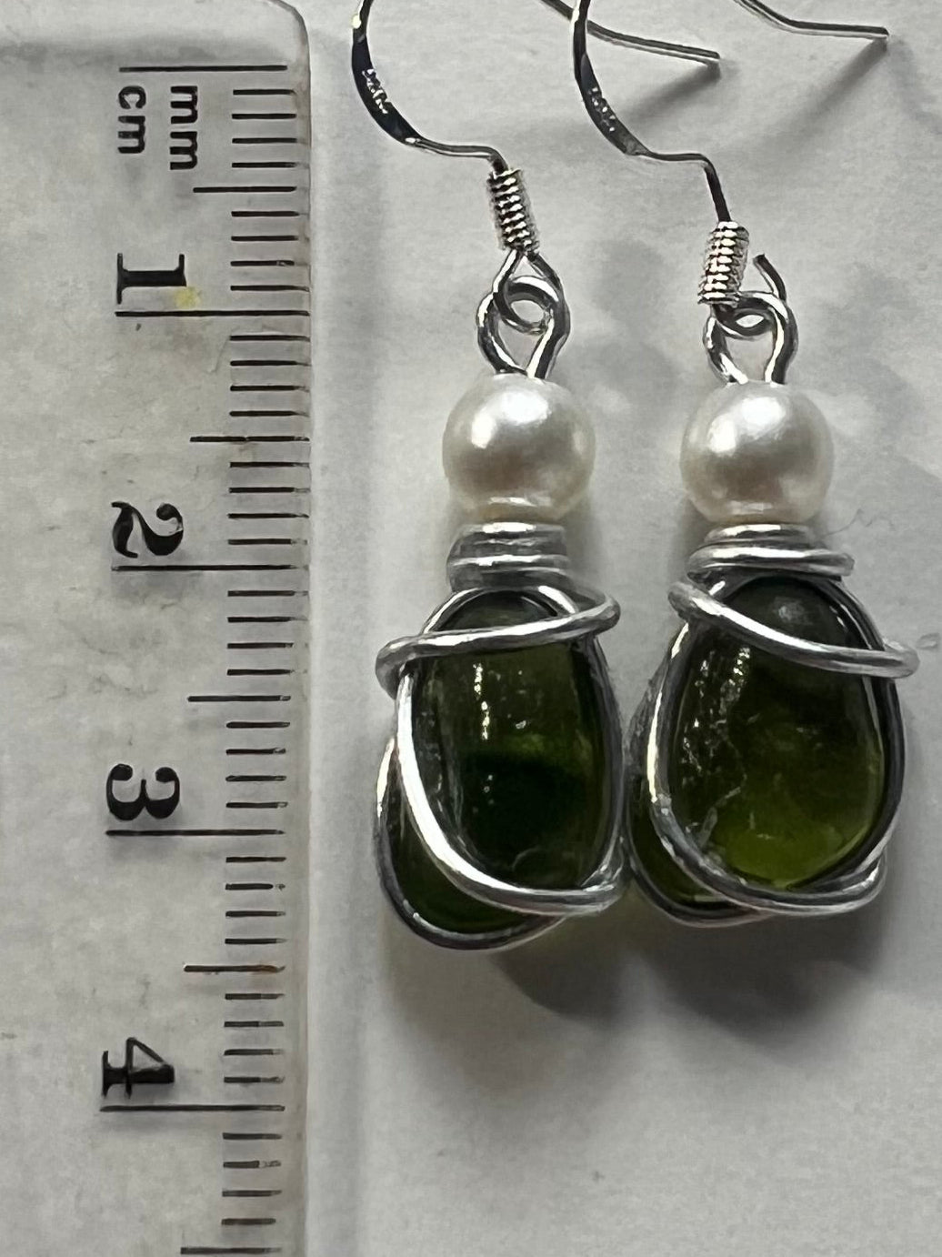 Green Seaham Sea Glass and Glass Pearl Earrings