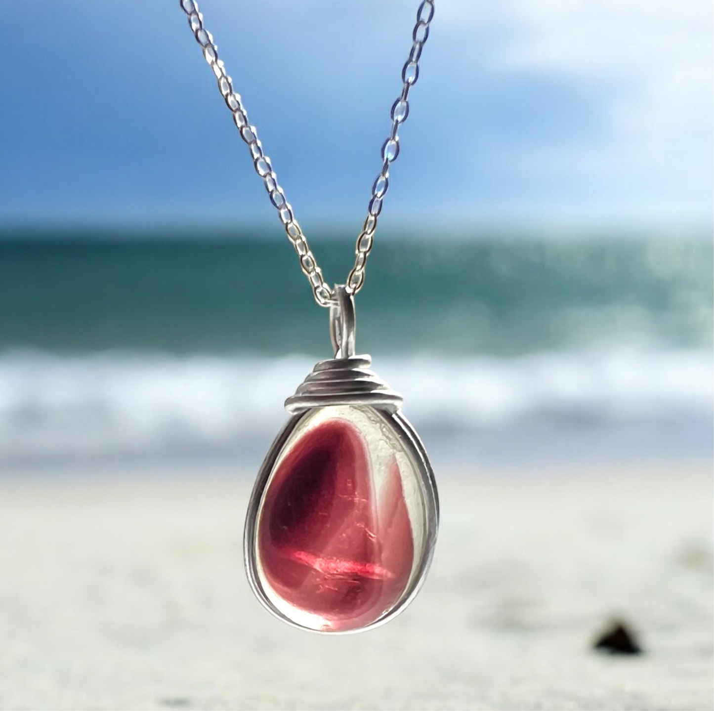 Large Burgundy Seaham Sea Glass Multi Pendant