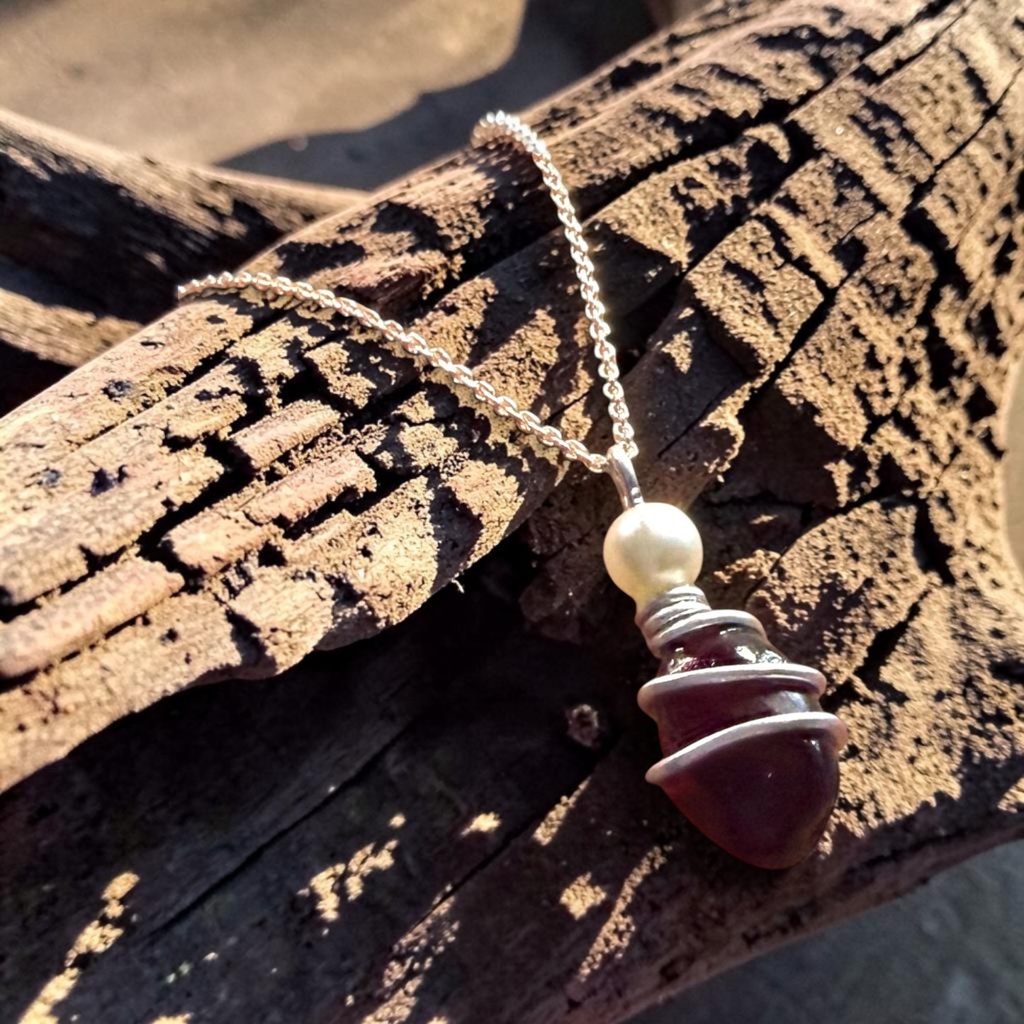 Rare Burgundy Red Seaham Sea Glass  Pendant