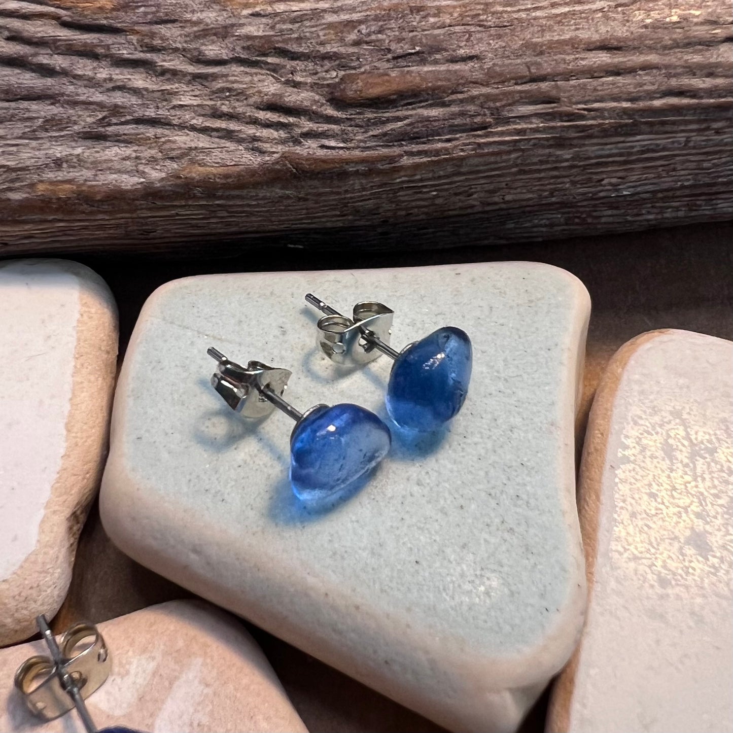 Blue Sea Glass Stud Earrings