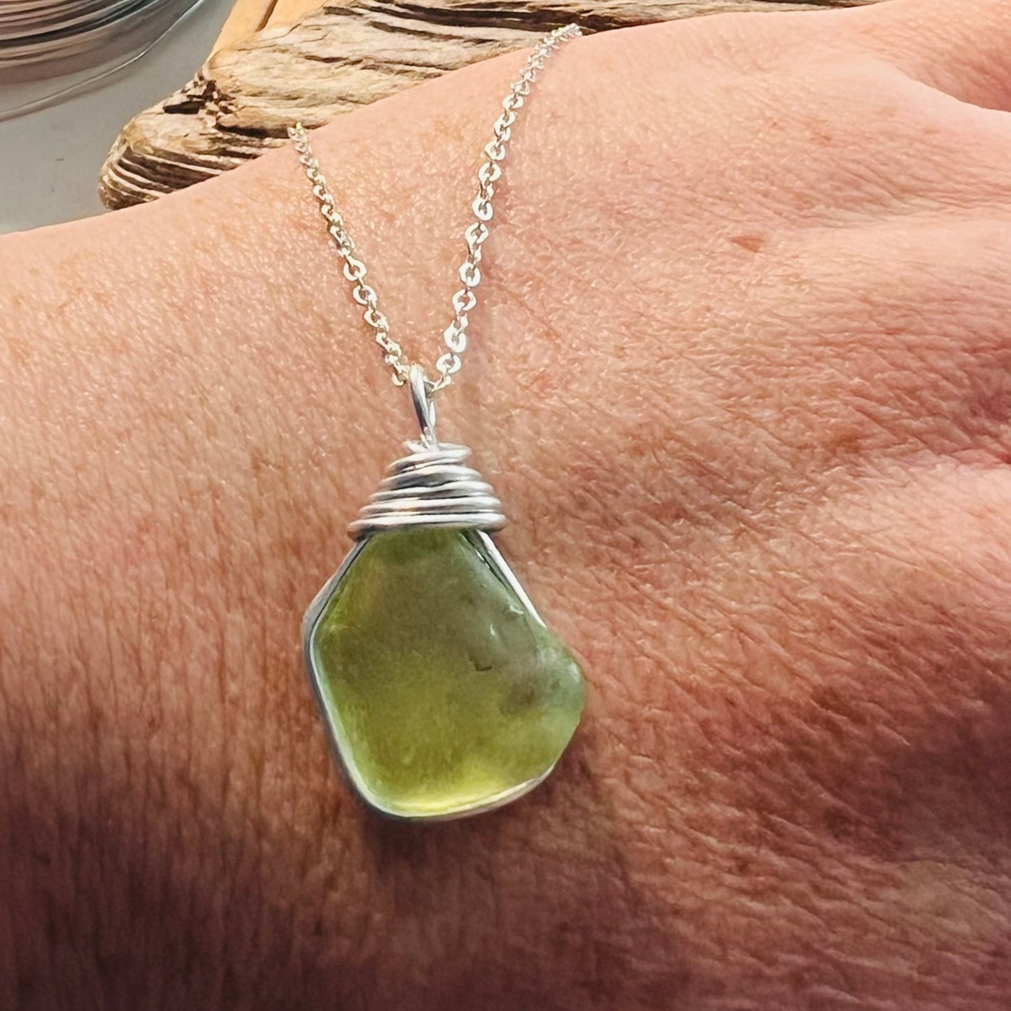 Rare Lime Green Seaham Sea Glass Pendant