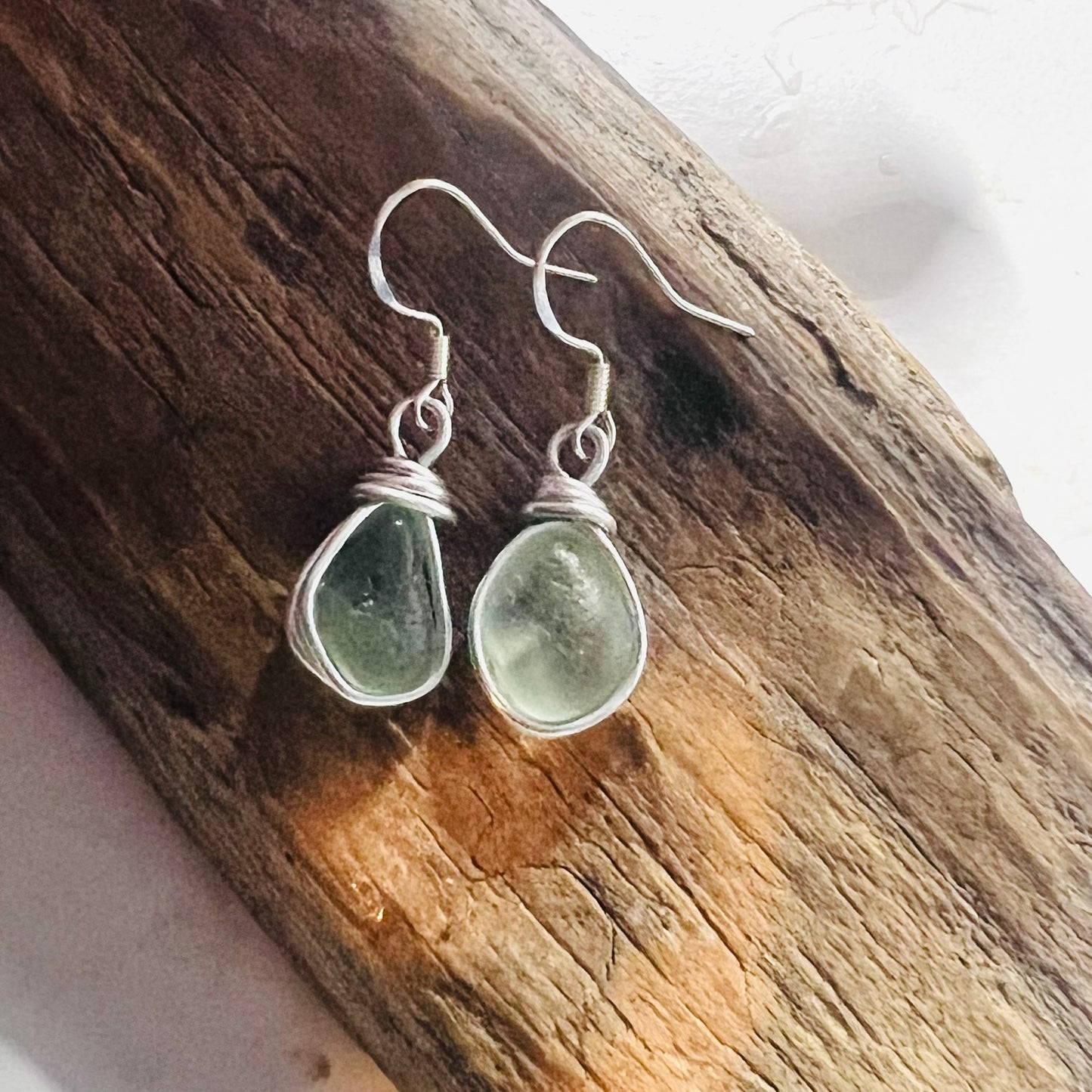 Pale Green Seaham Sea Glass Earrings