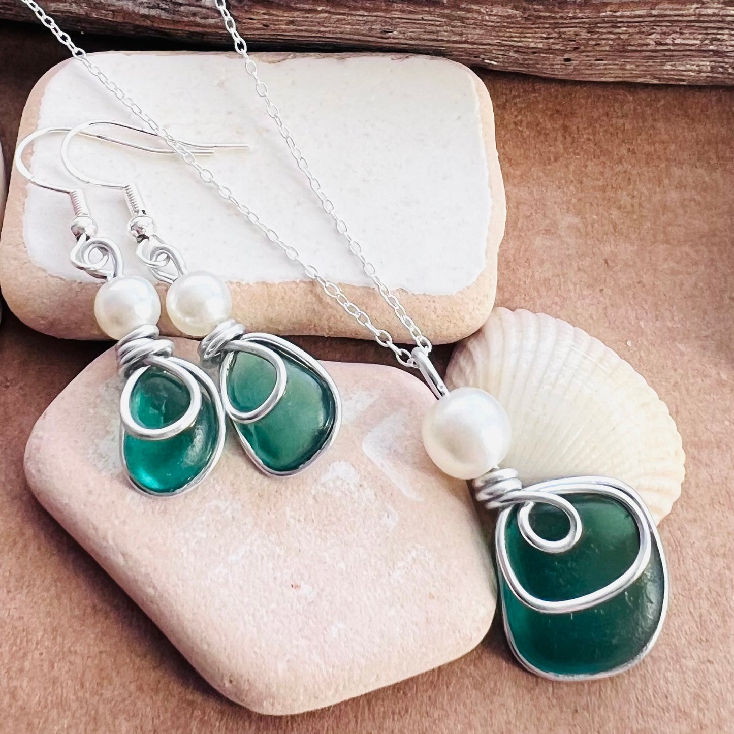 Turquoise Green Seaham Sea Glass Jewellery Set