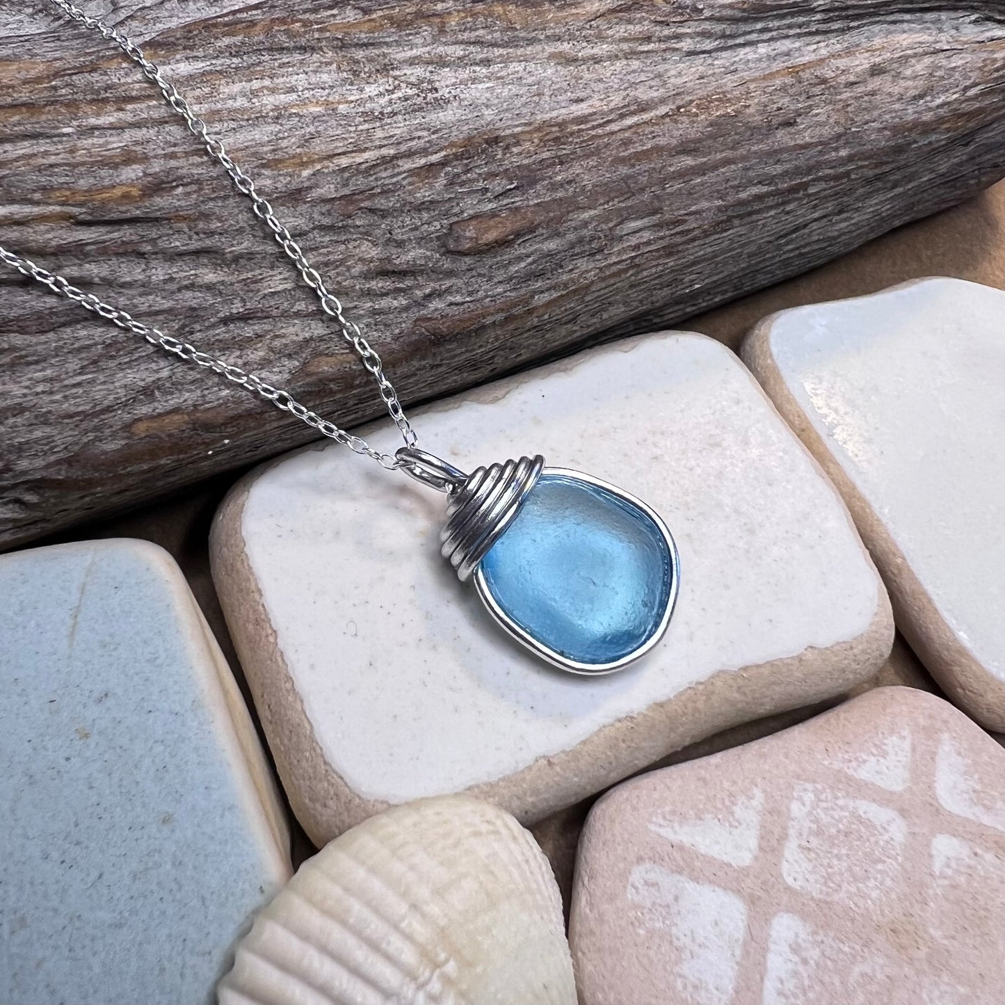 Bright Aqua Blue Seaham Sea Glass Pendant