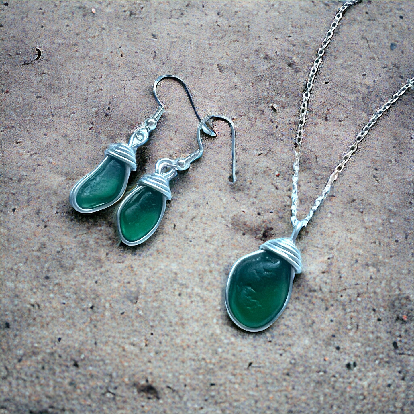 Turquoise Green Seaham Sea Glass Jewellery Set