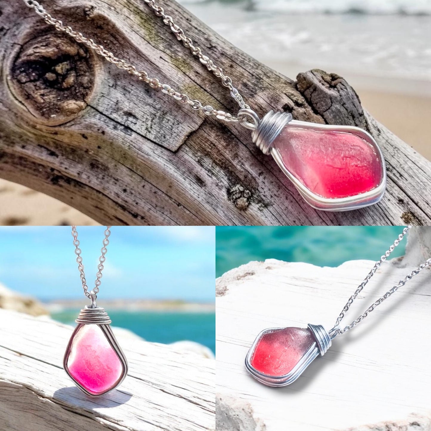 Large Pink Seaham Sea Glass Multi Pendant