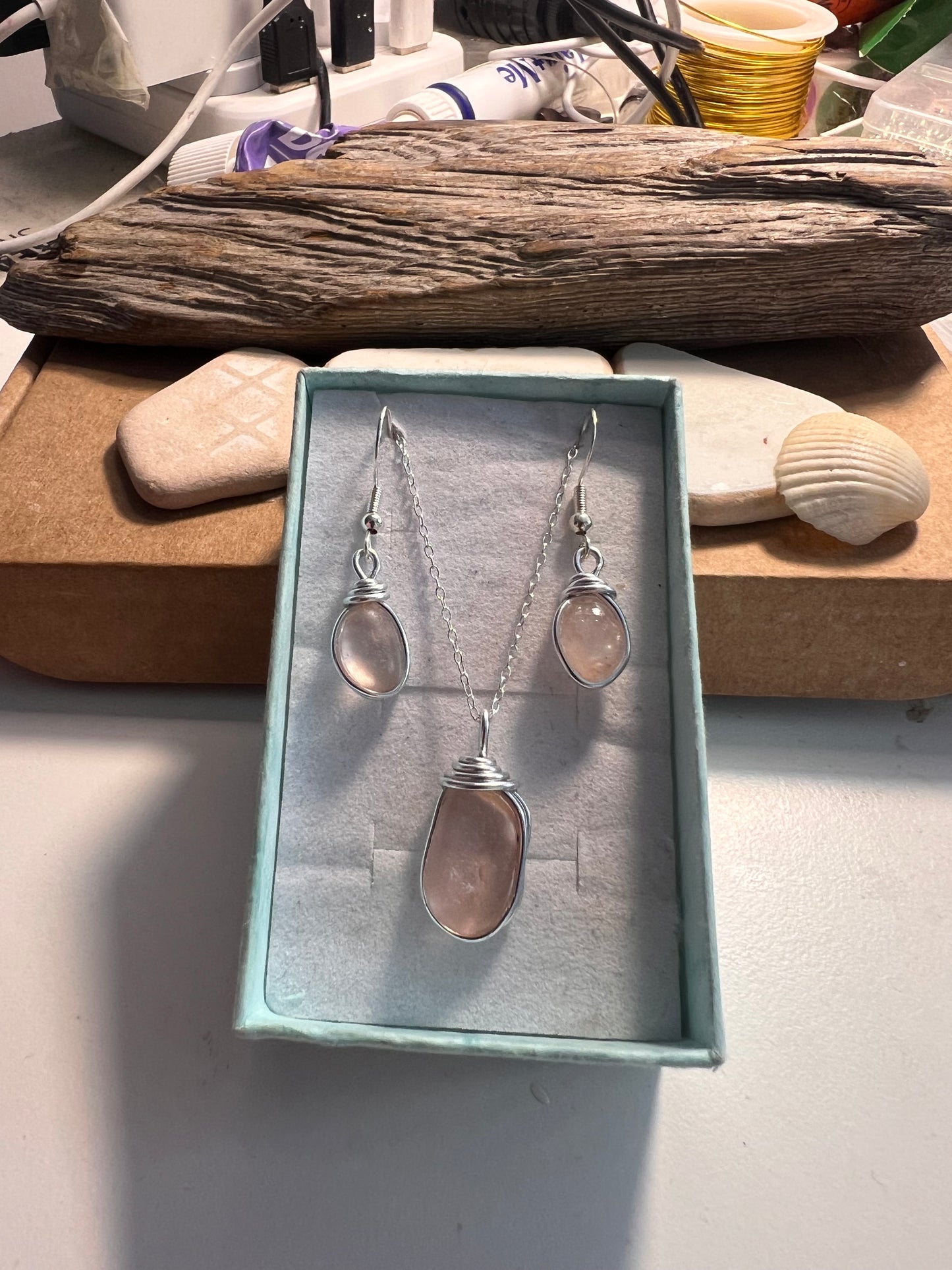Pale Peach Pink Seaham Sea Glass Jewellery Set