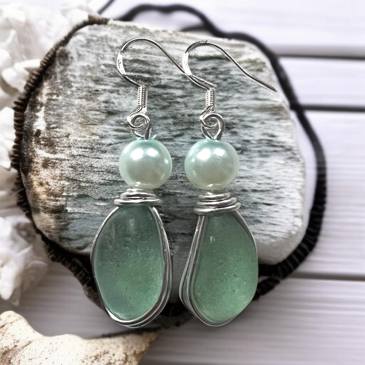 Sea Glass & Pearl Glass Bead Drop Earrings