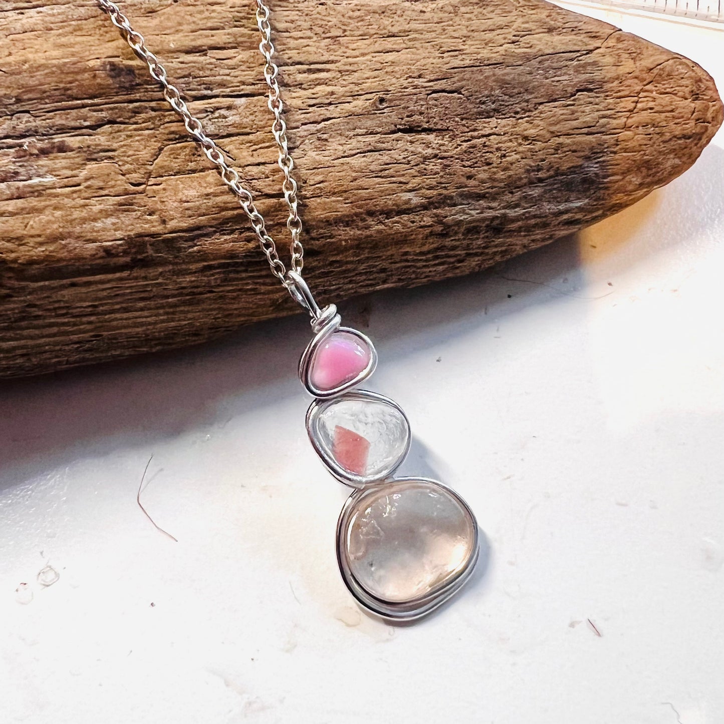 Rare Pink Three Piece Seaham Sea Glass Pendant