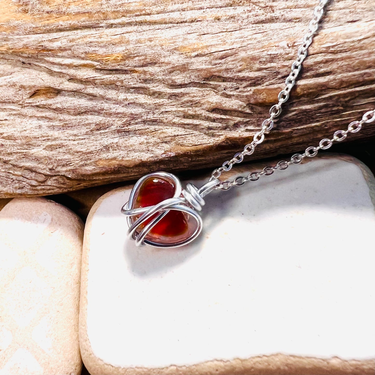 Small Rare Orange Tones Seaham Sea Glass Heart Pendant