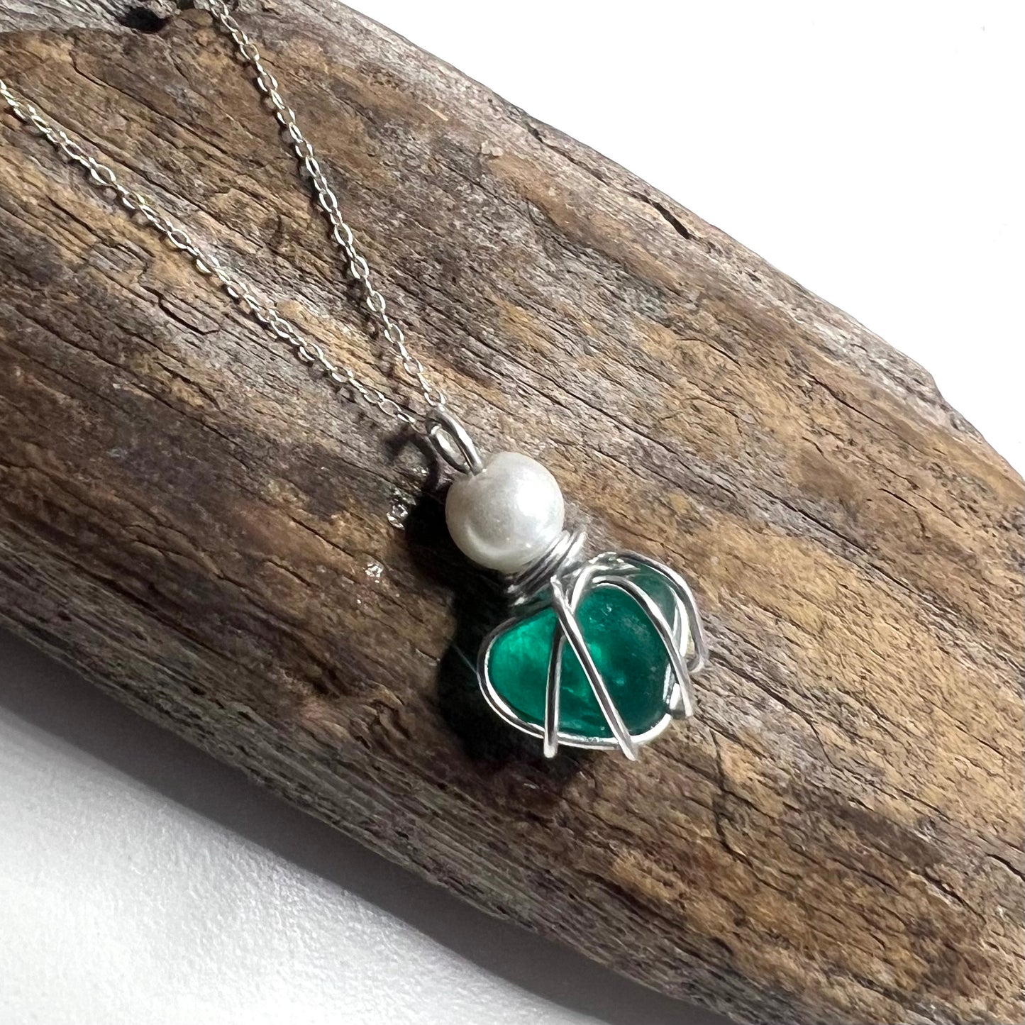 Turquoise Seaham Sea Glass and Glass Pearl Pendant