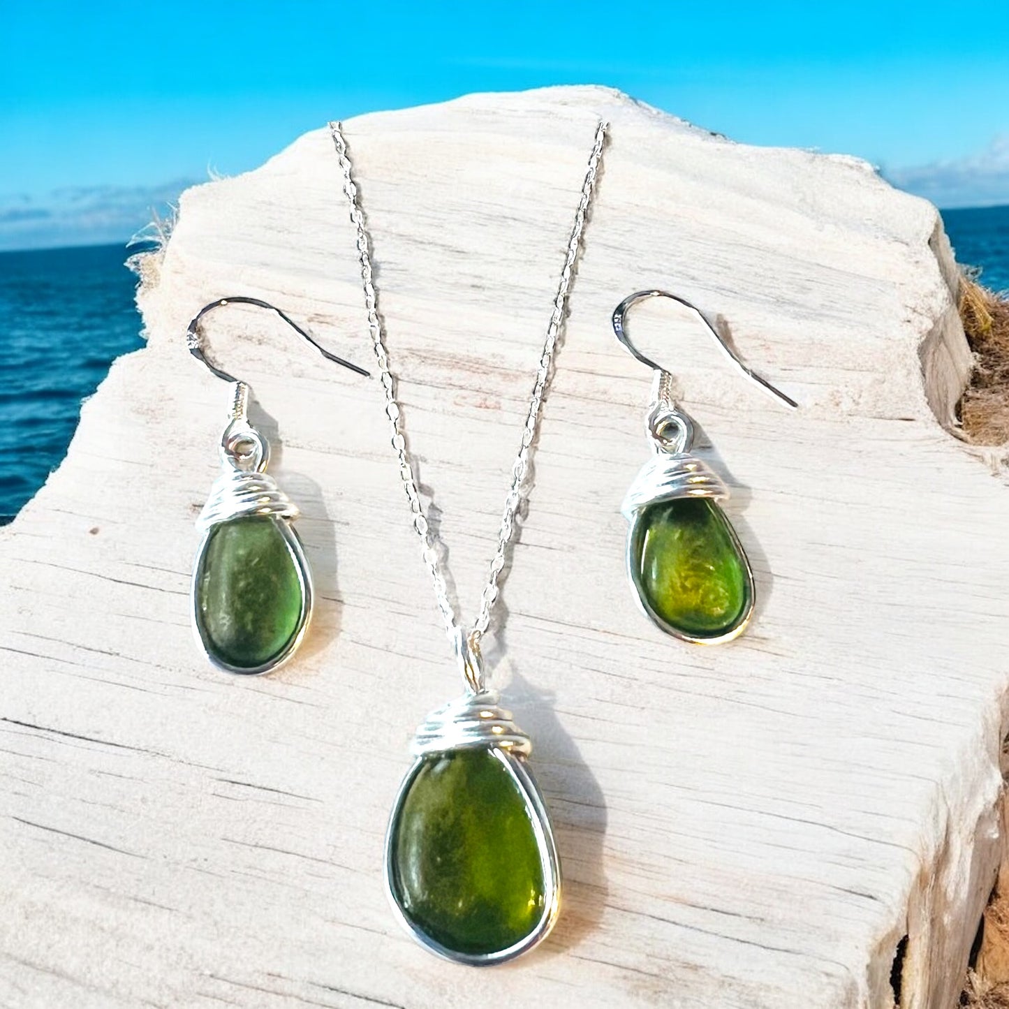 Green Seaham Sea Glass Jewellery Set