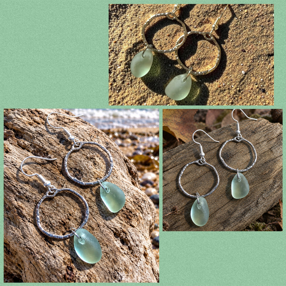 Pale Aqua Seaham Sea Glass Frame Circle Drop Earrings