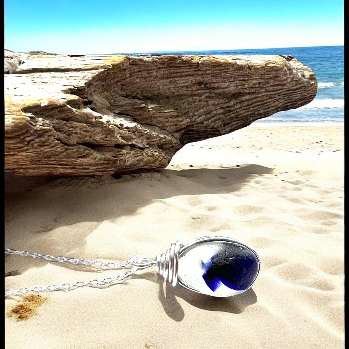 Deep Blue and White Seaham Sea Glass Multi Pendant