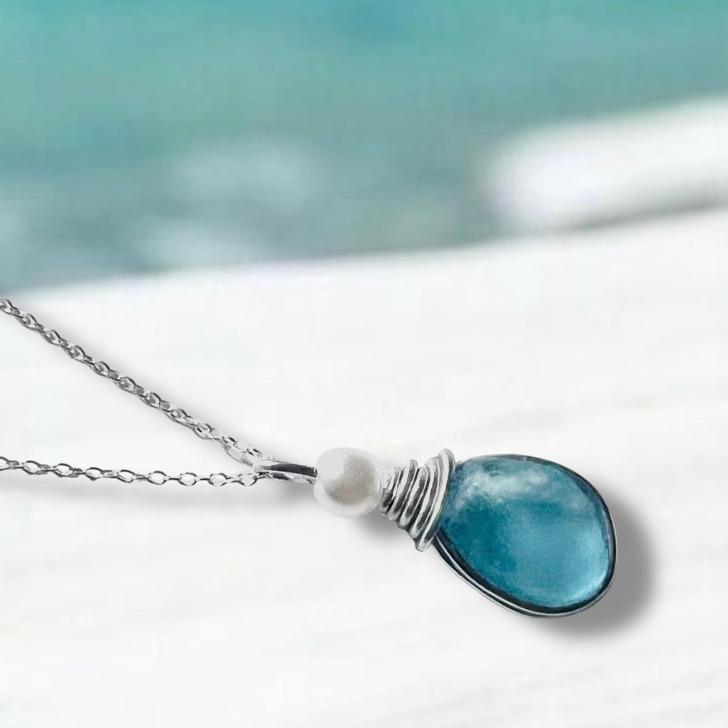 Pale Bright Blue Seaham Sea Glass Pendant