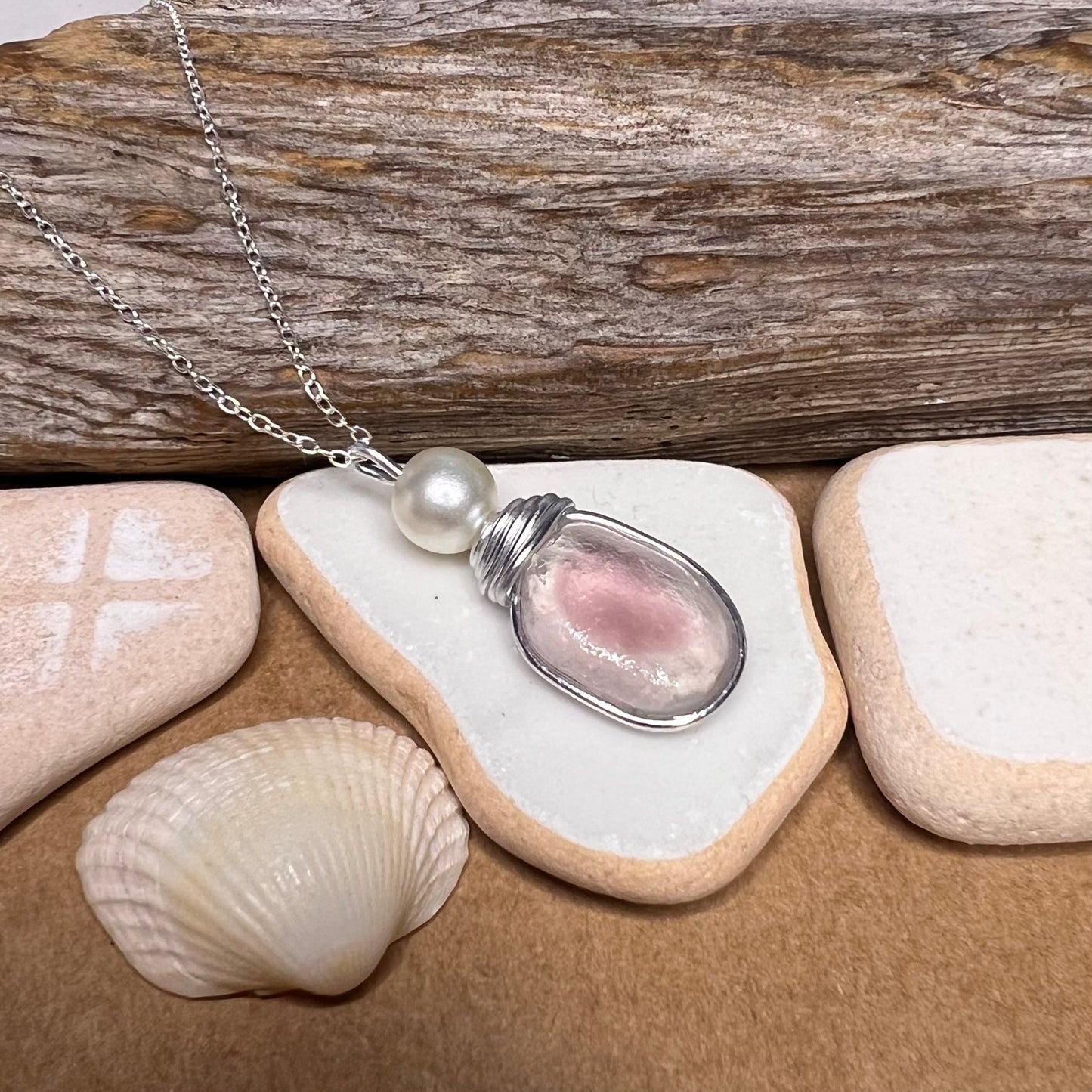 Pale Pale Pink & White Seaham Sea Glass Multi Pendant