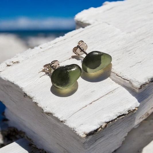 Olive Green Seaham Glass Stud Earrings