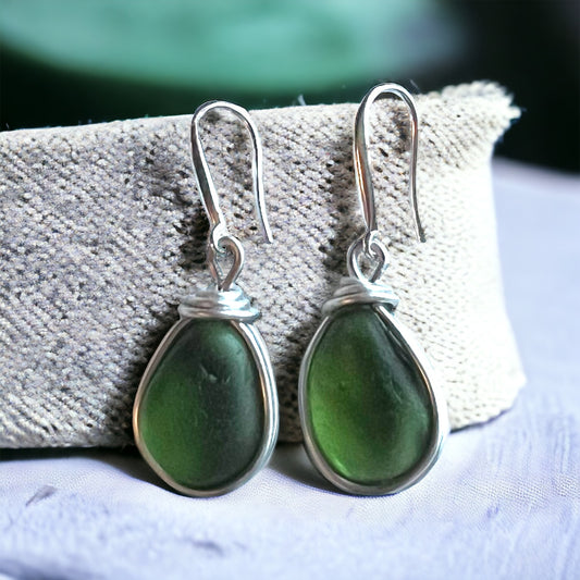 Dark Green Seaham Sea Glass Earrings