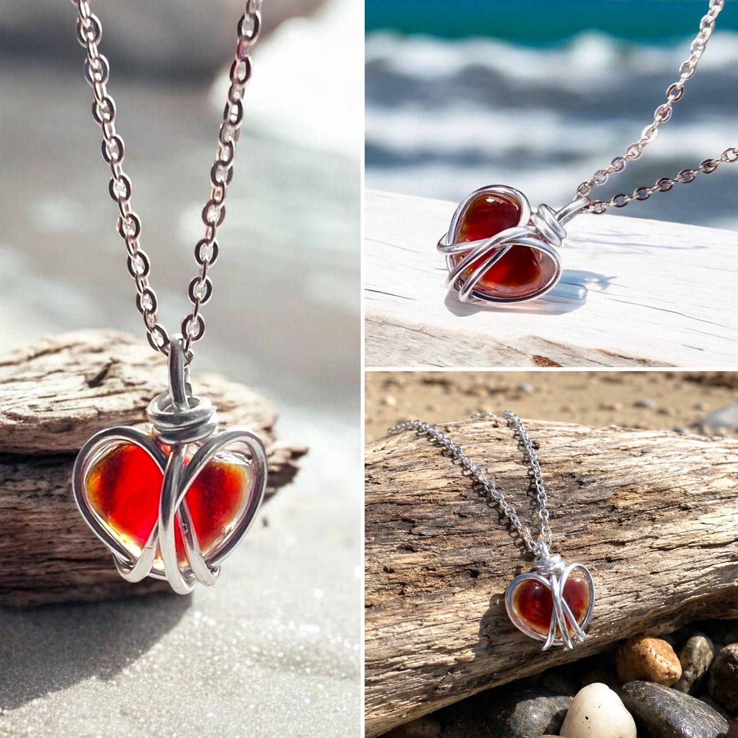 Small Rare Orange Tones Seaham Sea Glass Heart Pendant