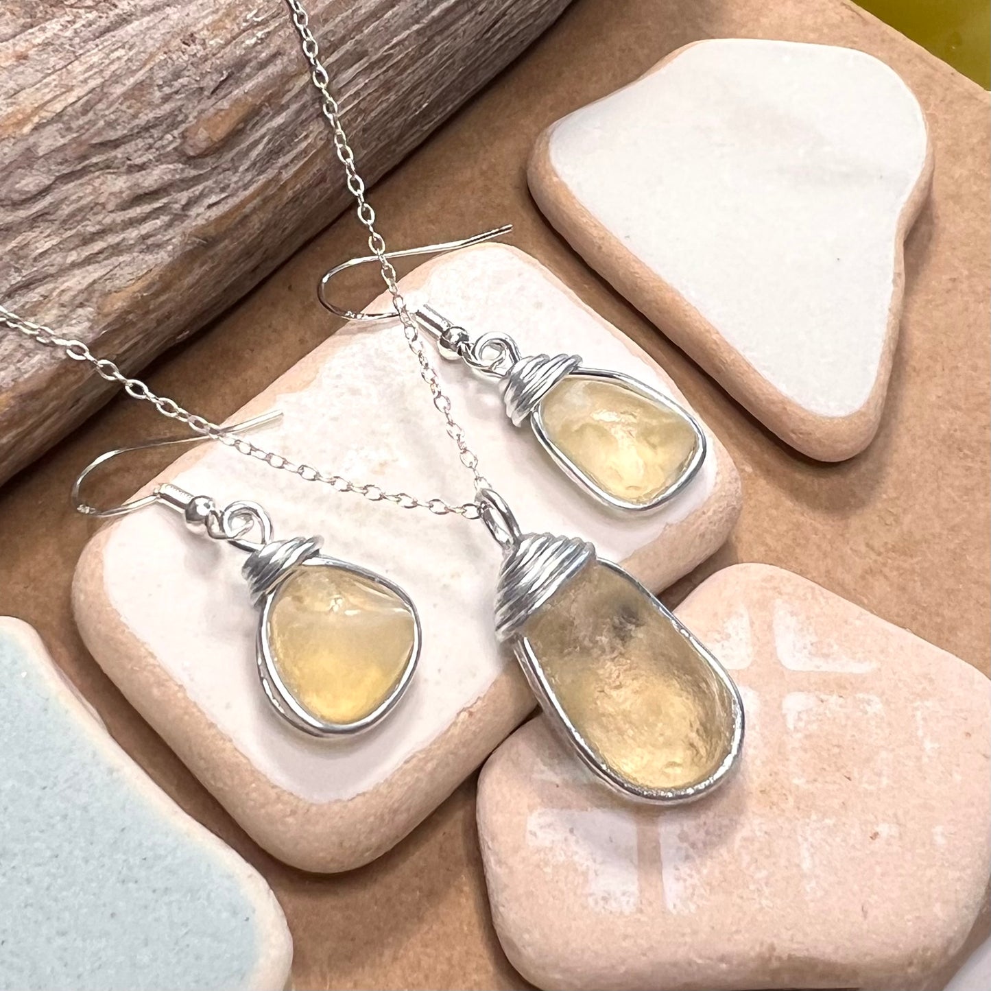 Pale Yellow Seaham Sea Glass Jewellery Set
