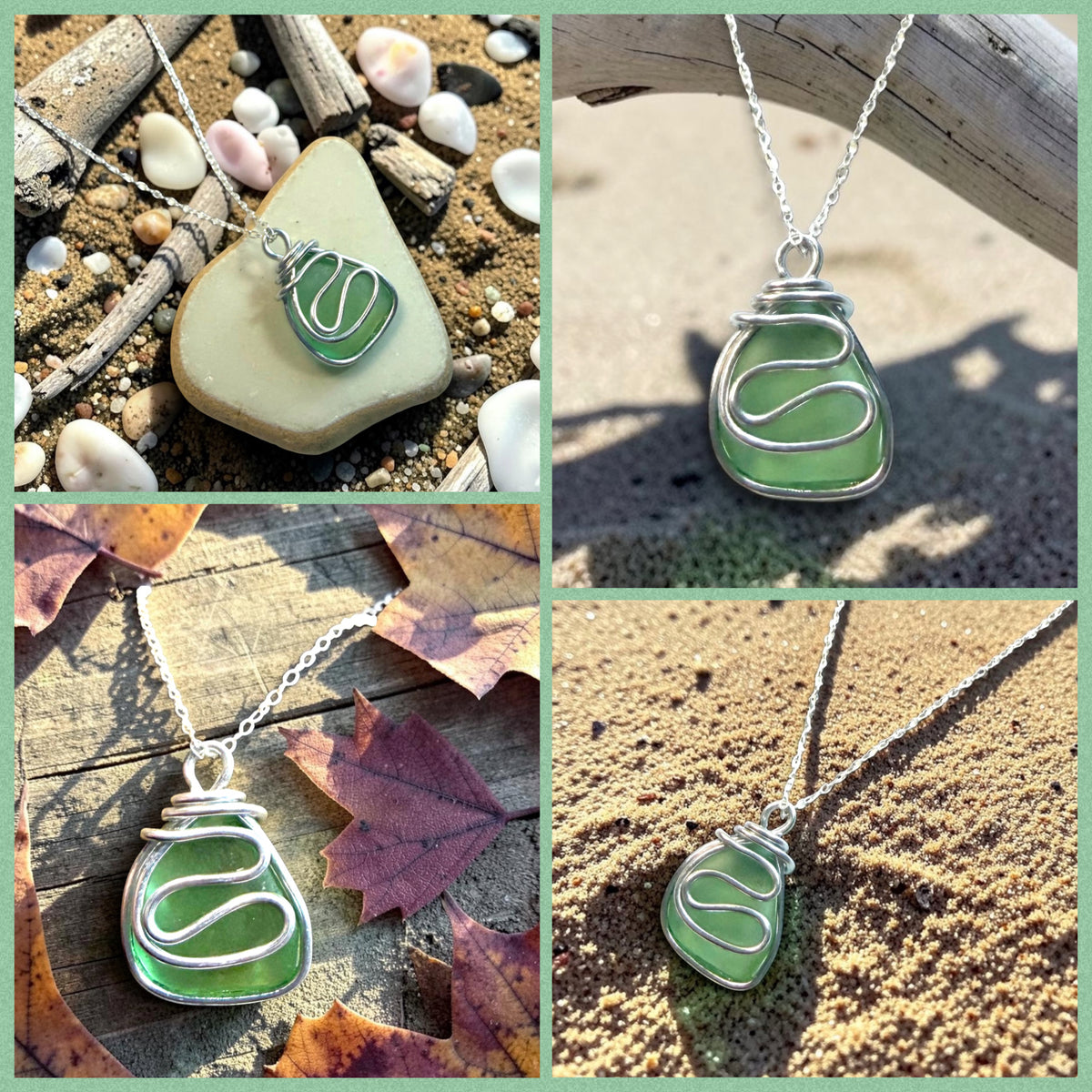 Pale Green Seaham Sea Glass Waves Pendant