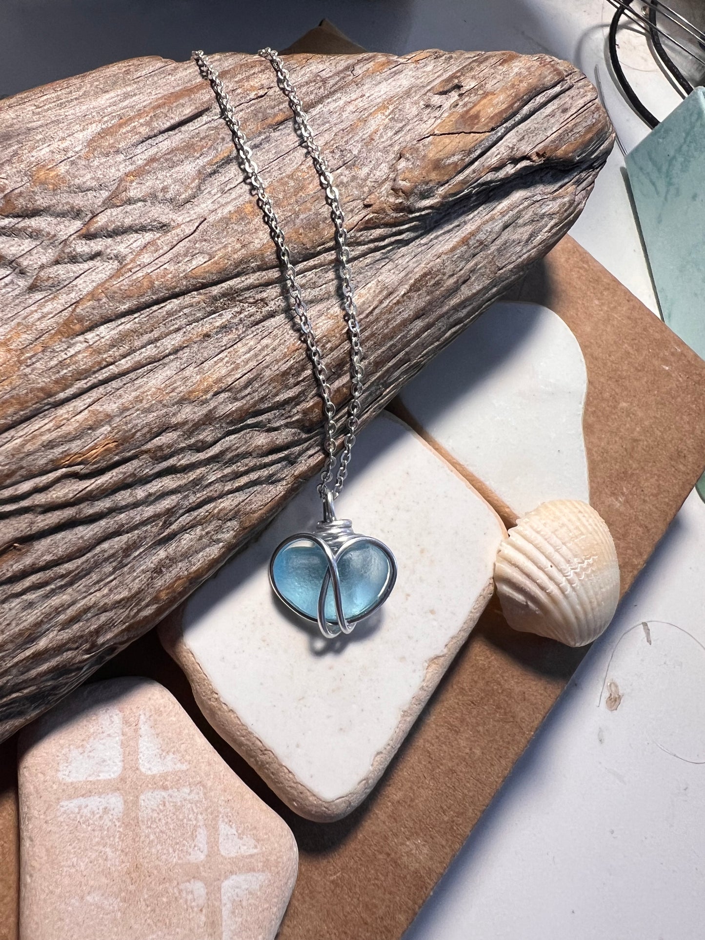 Bright Blue Heart Sea Glass Pendant