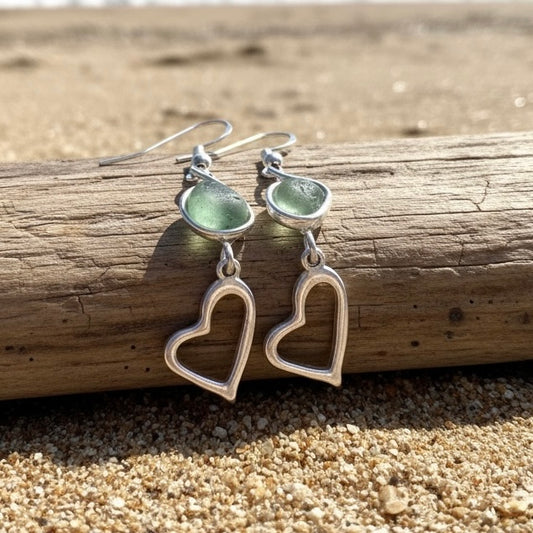 Sea Glass and Heart Dangly Earrings