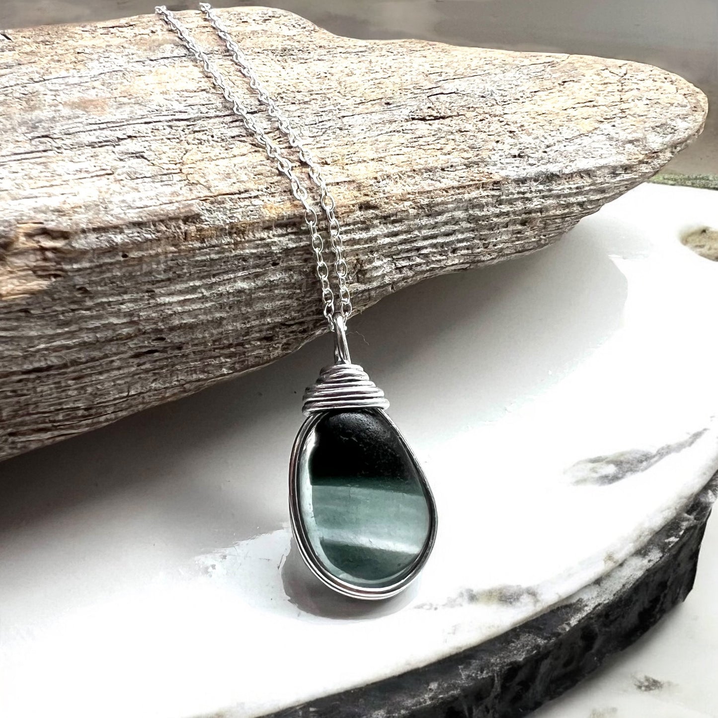 Rare Large Grey and Black Multi Tone Seaham Sea Glass Pendant