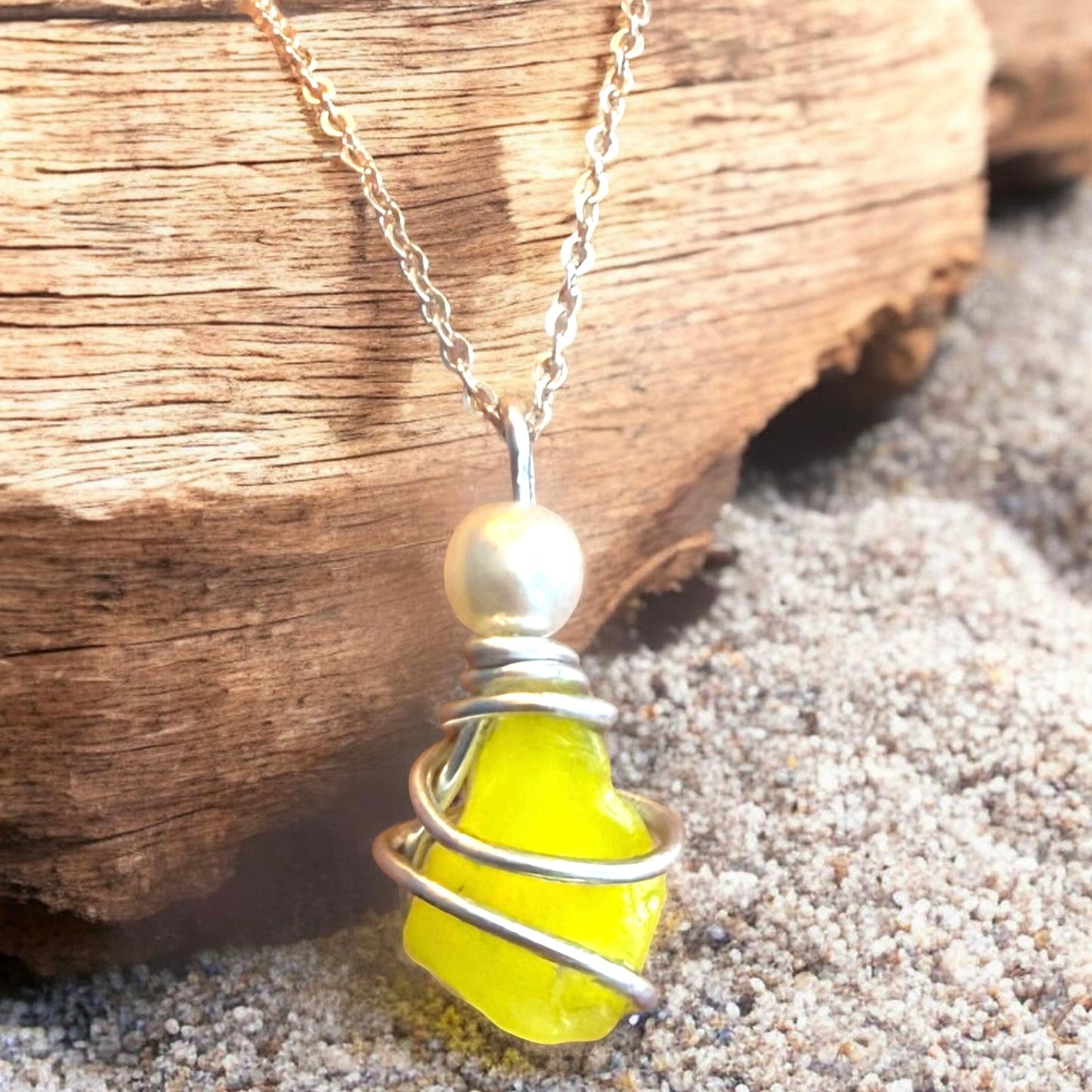 Canary Island Rare Neon Yellow  Sea Glass Pendant