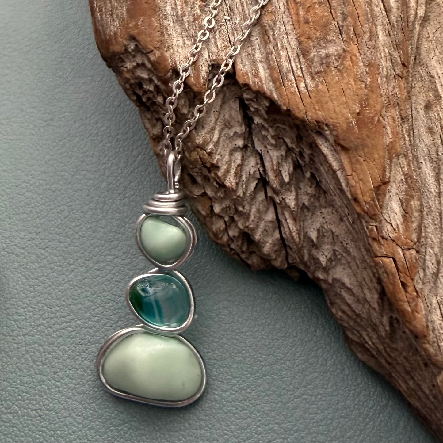 Three Piece Mint Green Seaham Sea Glass Pendant