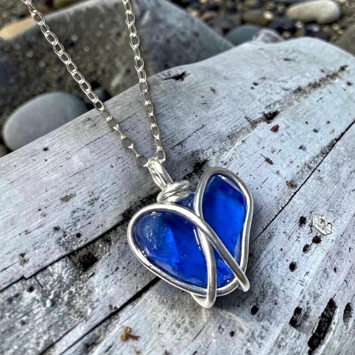 Deep Blue Seaham Sea Glass Heart Pendant