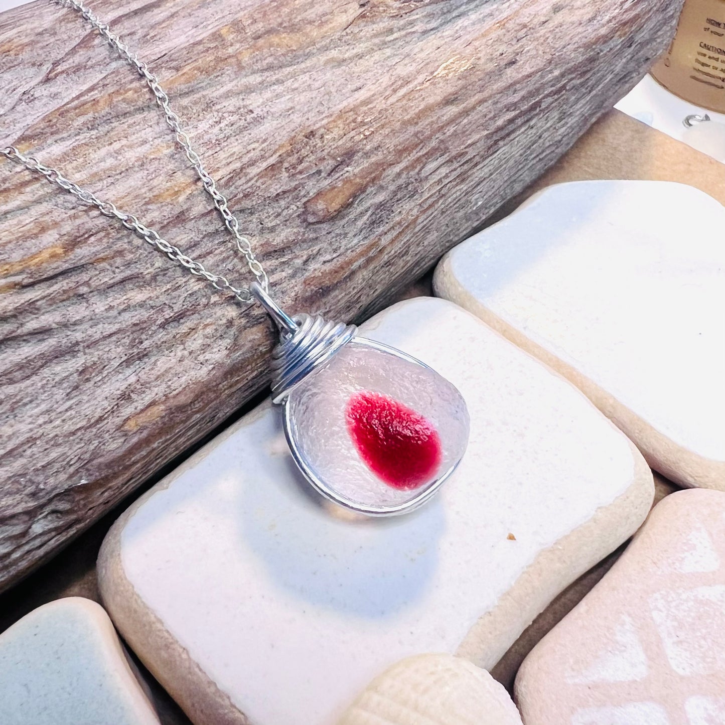 Large Pink & White Seaham Sea Glass Multi Pendant